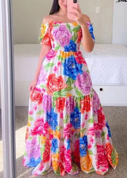 New Blue Ruffled Print Cotton Long Dress Summer Ww1061