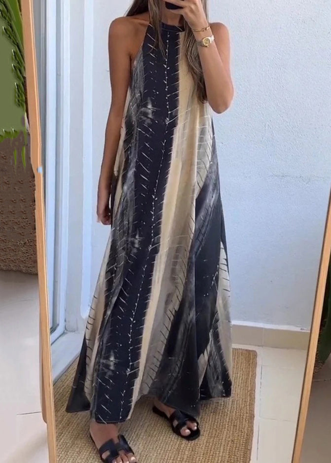 New Colorblock Backless Print Cotton Maxi Dress Sleeveless Bb040