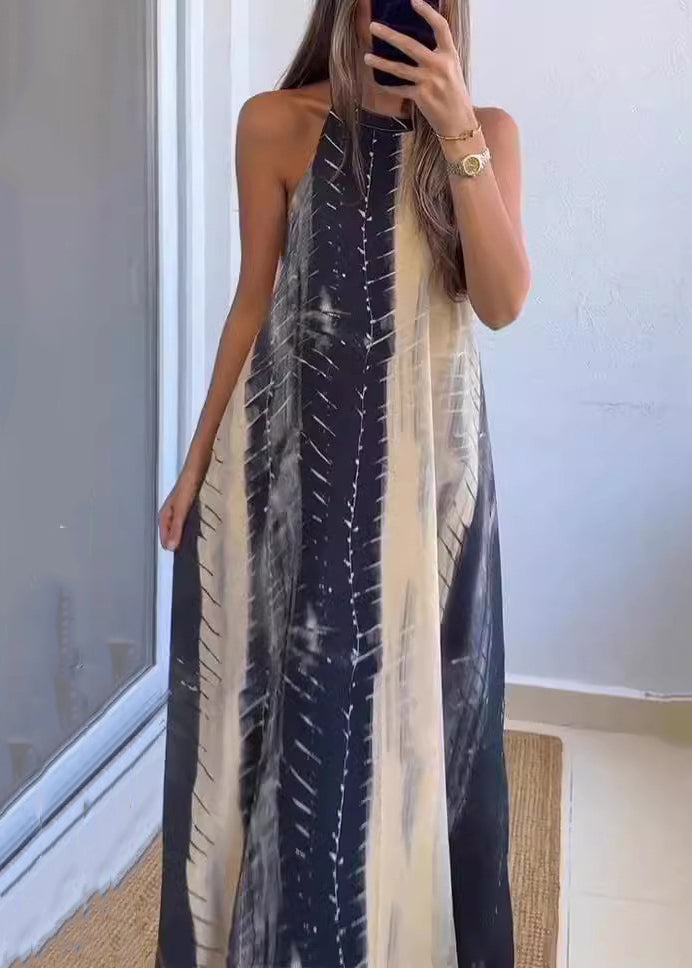 New Colorblock Backless Print Cotton Maxi Dress Sleeveless Bb040