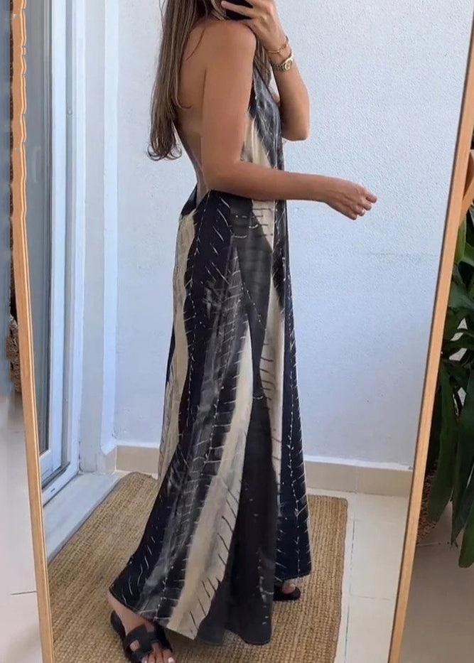 New Colorblock Backless Print Cotton Maxi Dress Sleeveless Bb040