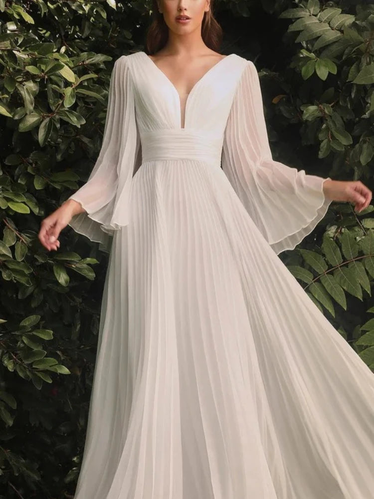 New Deep V-neck Bell Sleeves Backless Evening Dress Slim Long-sleeved Dress Long Dresses for