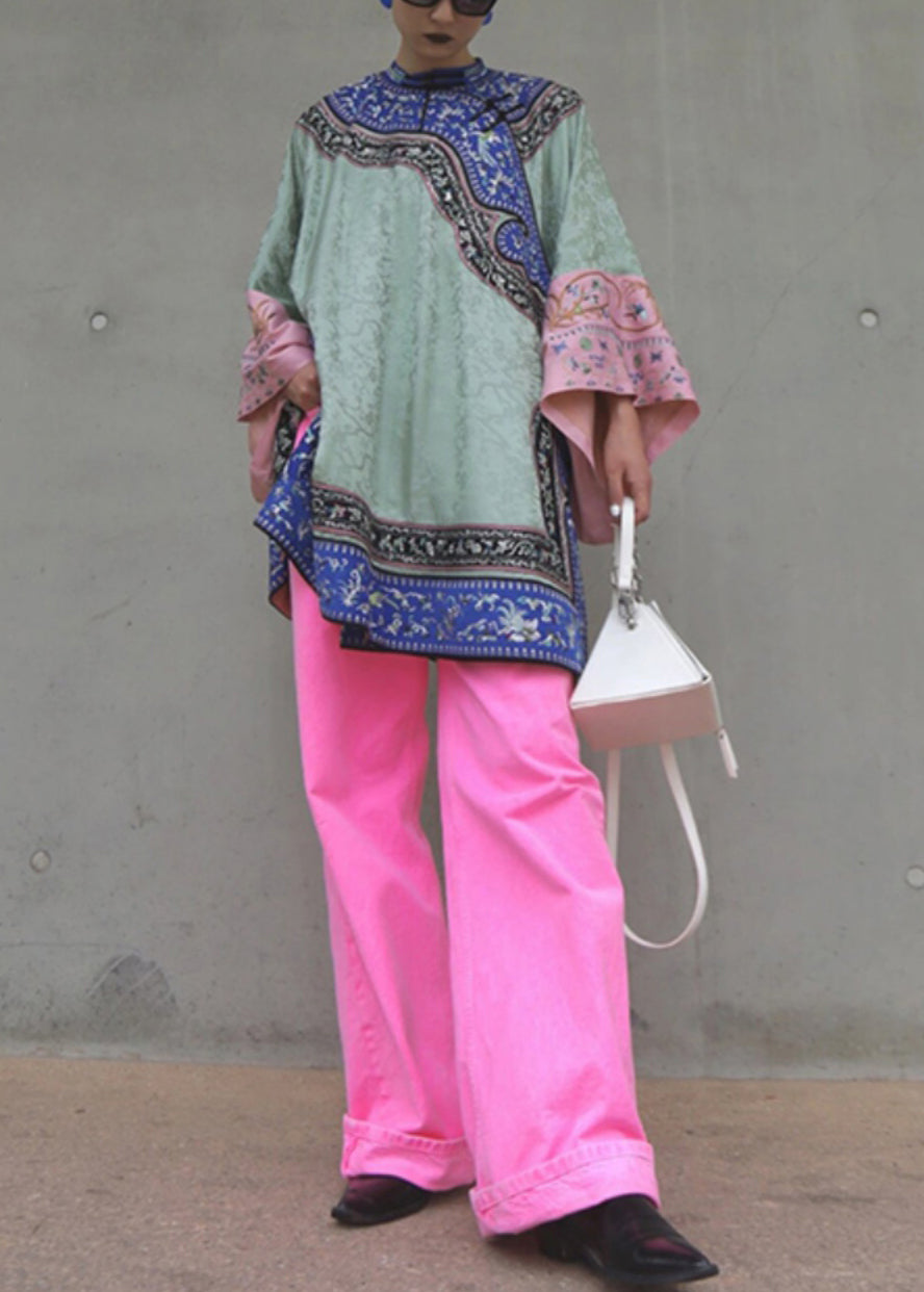 New Green Embroidered Tops and Pink Pants Cotton Two Pieces Set Spring Ab1054