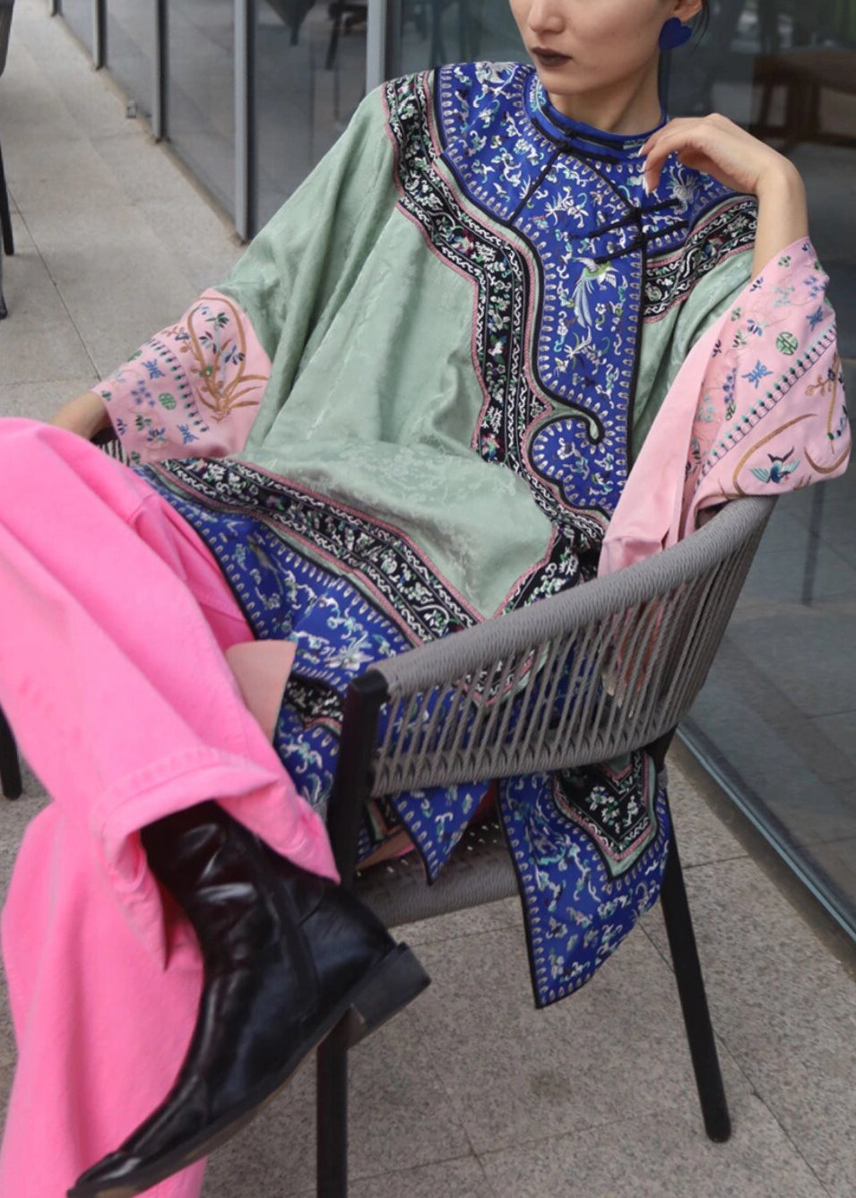 New Green Embroidered Tops and Pink Pants Cotton Two Pieces Set Spring Ab1054