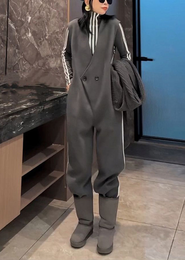 New Grey Striped Button Tops and Jumpsuit Cotton Two Pieces Set Spring Yw029