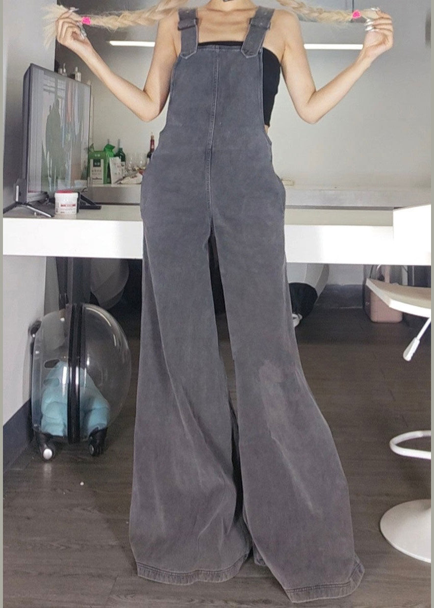 New Grey Zippered Pockets Denim Jumpsuit Sleeveless Az1051