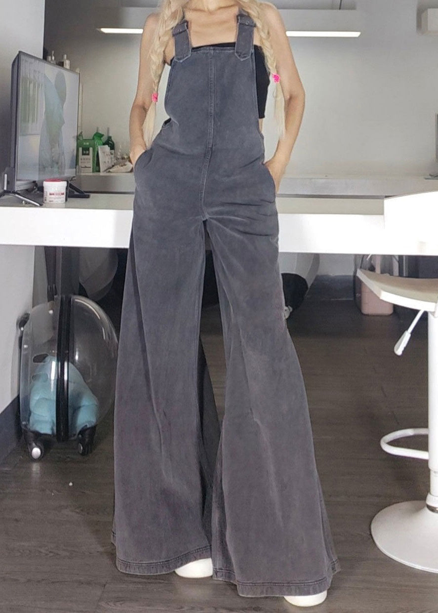 New Grey Zippered Pockets Denim Jumpsuit Sleeveless Az1051