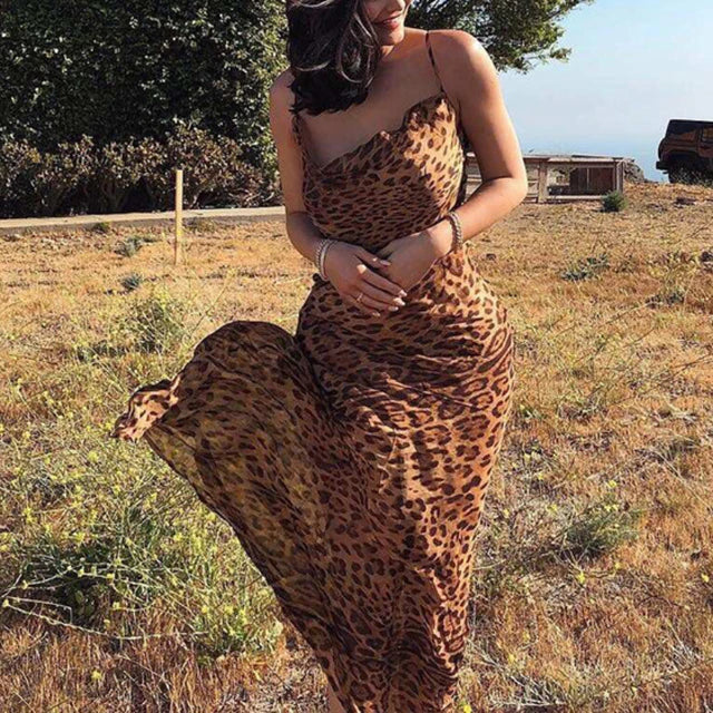 New Leopard Print See-through Suspender Dress Backless Sleeveless Long Dresses High Waist Lace-up Evening Dress