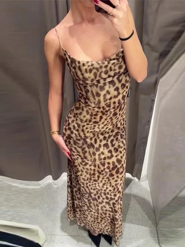New Leopard Print Sling Maxi Dress for Summer Backless Sleeveless Slip Long Dress Female Party Vestidos