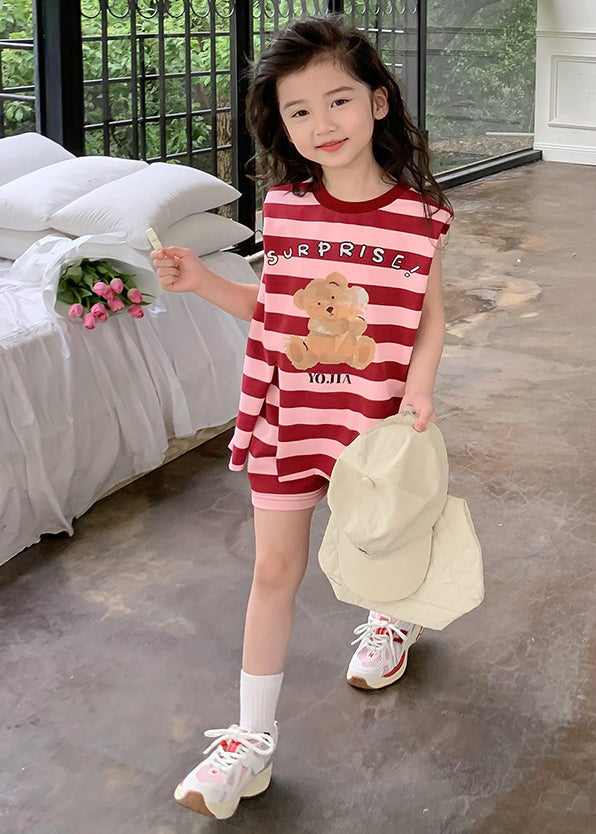 New Red O-neck Striped Kids Top and Shorts Two Pieces Set Summer Ss1020
