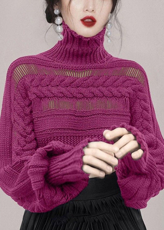 New Rose Turtleneck Hollow Out Cable Knit Sweaters Winter Wk009