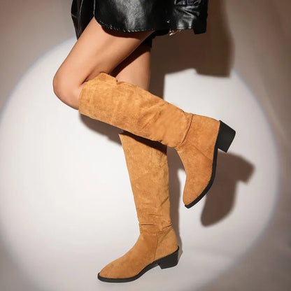 New Shoes for Classic Pointed Toe Pleated Boots Autumn Winter Suede Flock Knee High Boots Zapatos Mujer