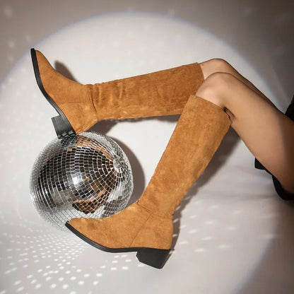 New Shoes for Classic Pointed Toe Pleated Boots Autumn Winter Suede Flock Knee High Boots Zapatos Mujer