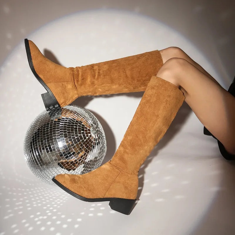 New Shoes for Classic Pointed Toe Pleated Boots Autumn Winter Suede Flock Knee High Boots Zapatos Mujer