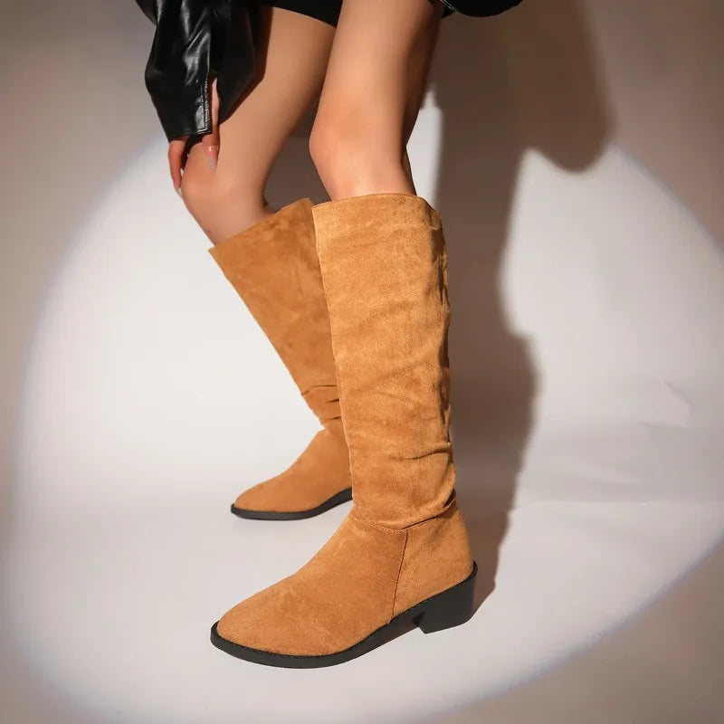 New Shoes for Classic Pointed Toe Pleated Boots Autumn Winter Suede Flock Knee High Boots Zapatos Mujer