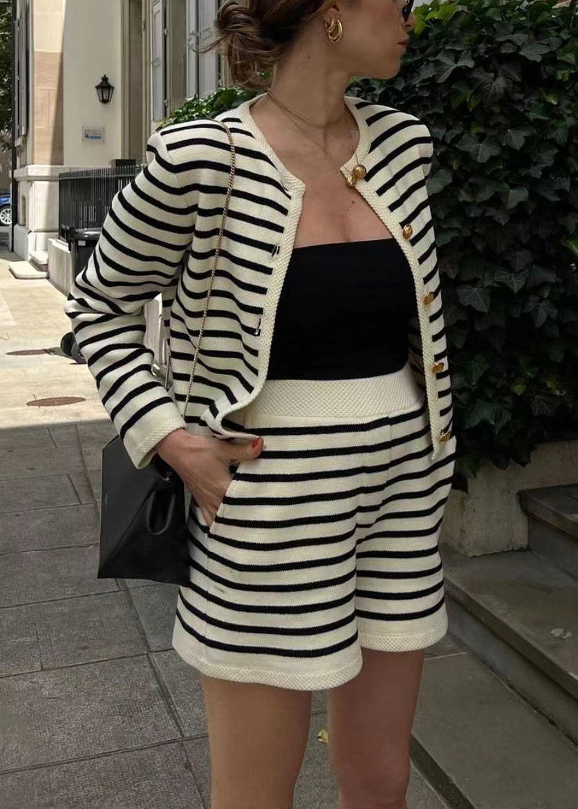 Knitting Coat Set and Striped Two Piece New Cotton Shorts Button