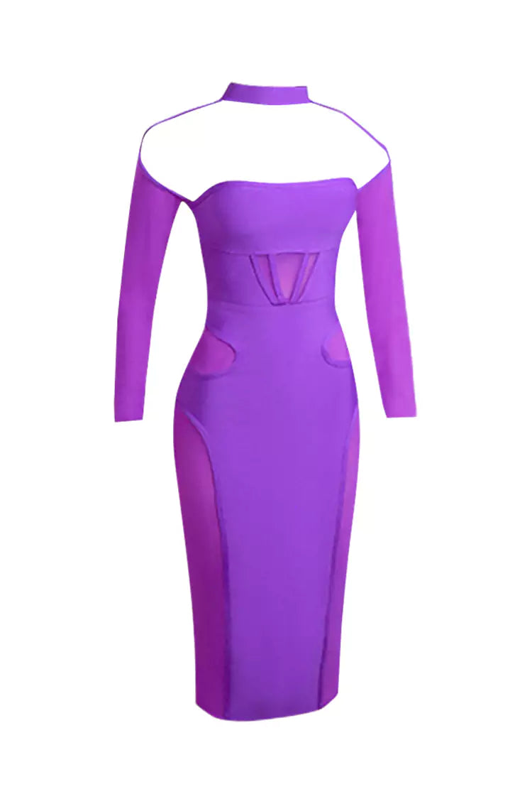 Noa Purple Mesh Bandage Midi Dress