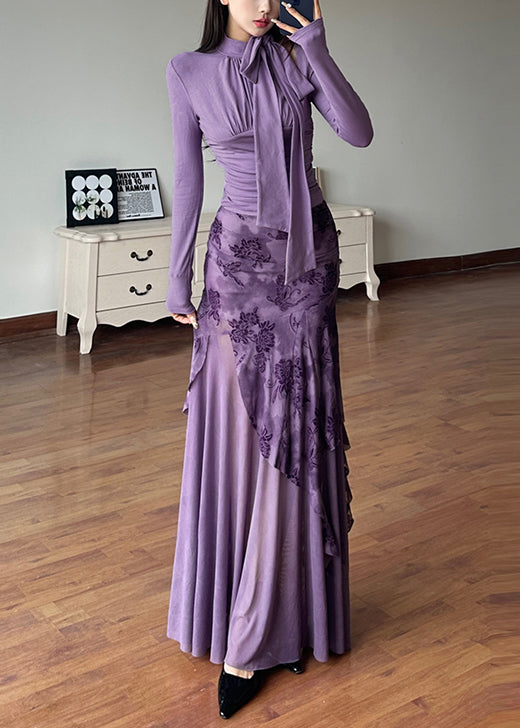 Novelty Purple Lace Up Tulle Patchwork Tops and Skirts Two-piece Set Spring Yt006