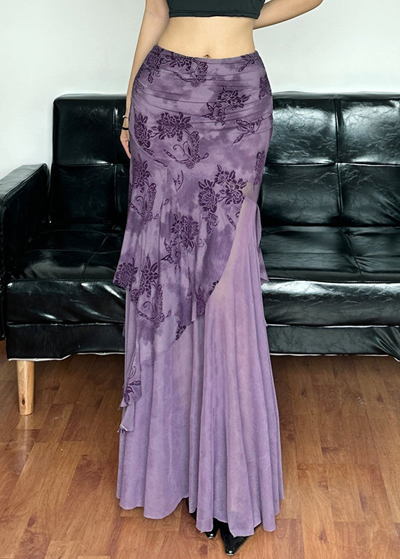 Novelty Purple Lace Up Tulle Patchwork Tops and Skirts Two-piece Set Spring Yt006
