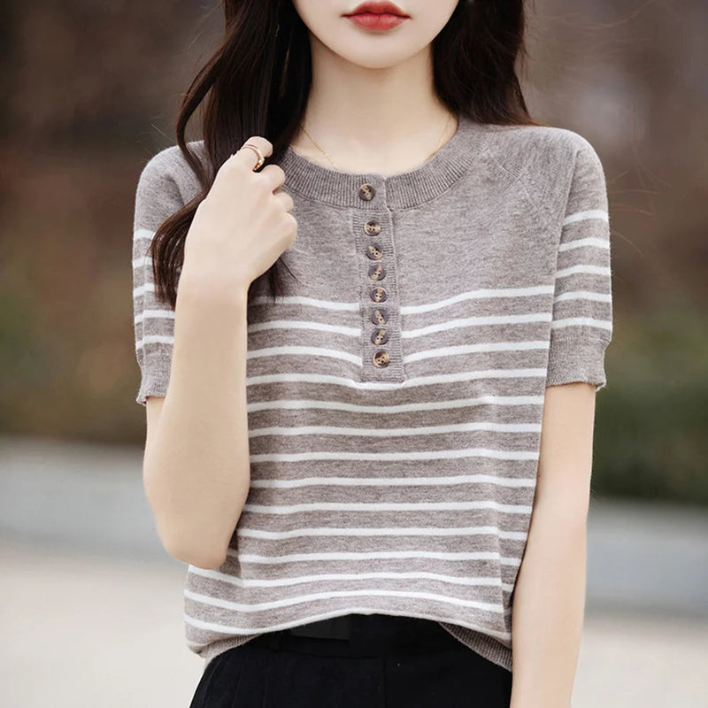 O-neck Stripe Summer Short Thin Knit Sweater