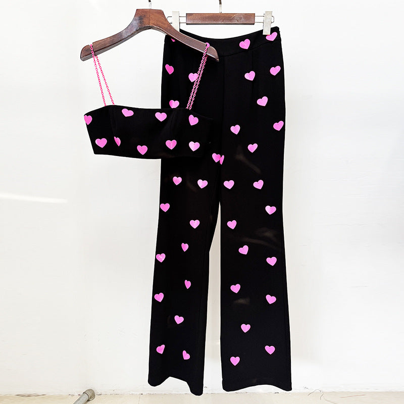 Spring Summer Heart Shaped Sequin Sling Vest Pants Two Piece Set