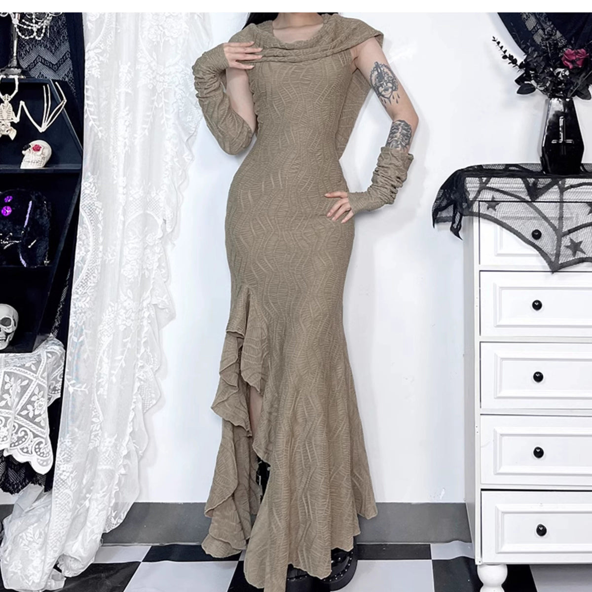 Wannathis Avant-garde Hooded Maxi Dress - Taupe Cold Shoulder Gown With Ruffle Detail