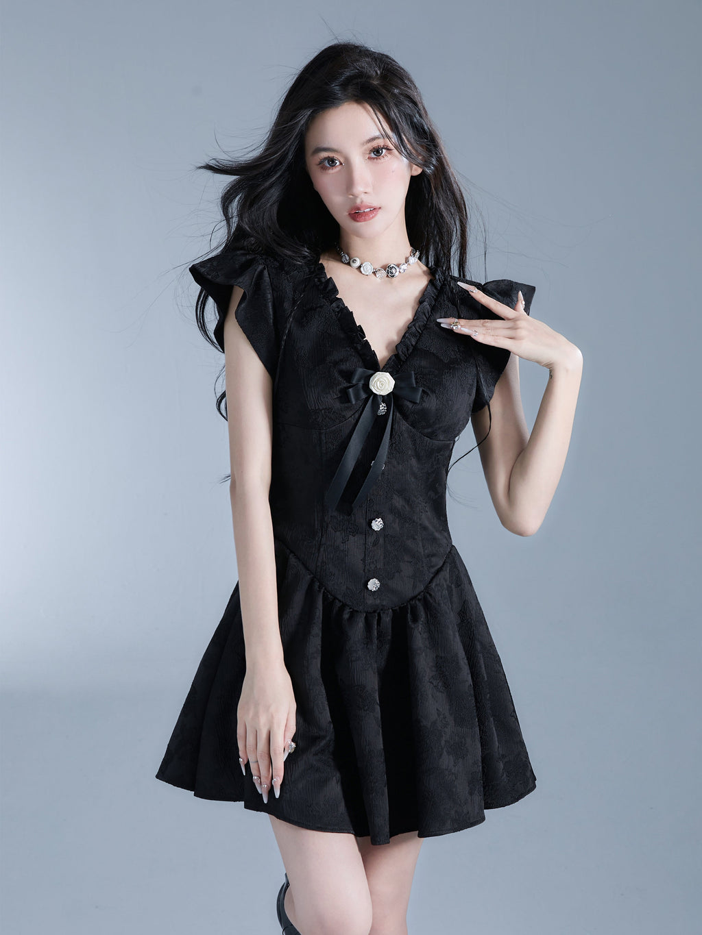-inspired Black Flutter Sleeve Mini Dress With Button Front