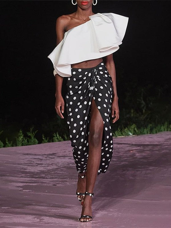 Asymmetric Ruffle Bikini Top With Shorts & Polka Dot Swimsuit Skirt Set