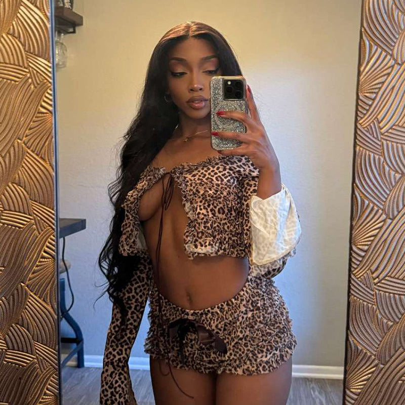 Autumn Winter Clothing Lacing Leopard Print Long Sleeve Cardigan Pleated Slim Shorts Two Piece Set for