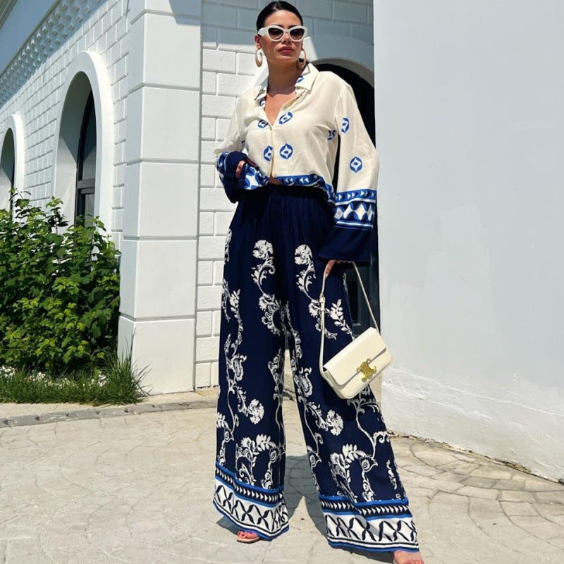 Clothing Positioning Printed Loose Long Sleeves Top Wide Leg Pants Two Piece Set