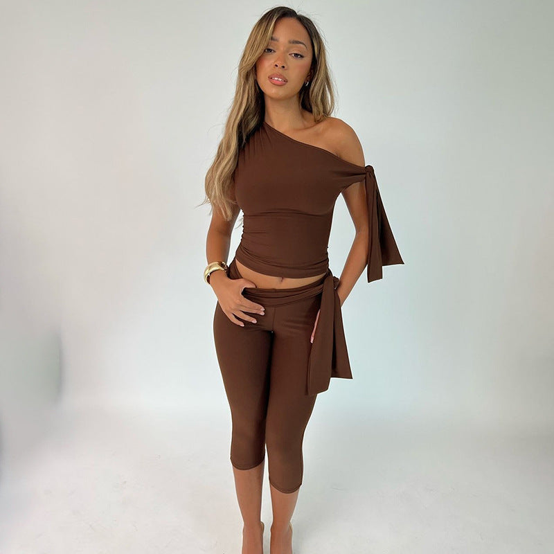 Clothing Summer Street Shooting Diagonal Collar Sleeveless Top Slim Fit Tied Shorts Suit