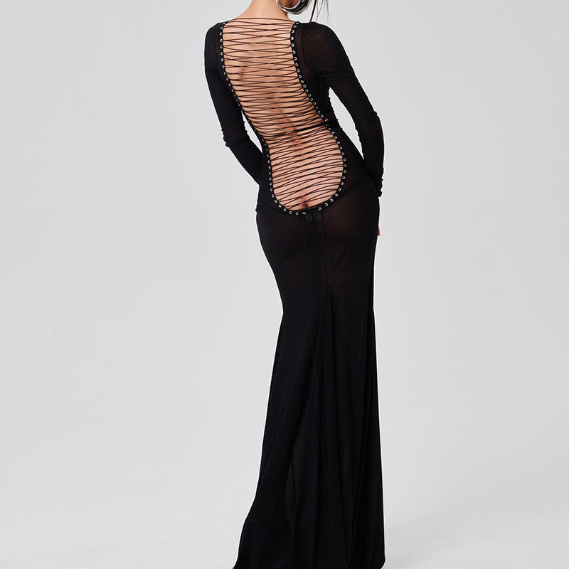 Backless Strappy Long-sleeved Extra-long Dress