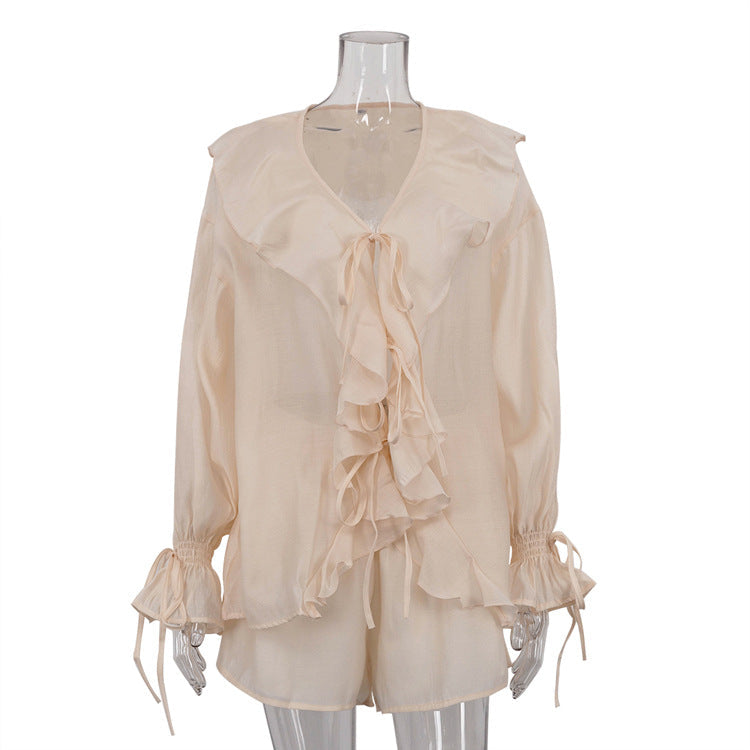 French Design Bell Sleeve Loose Top Shorts Two Piece Set