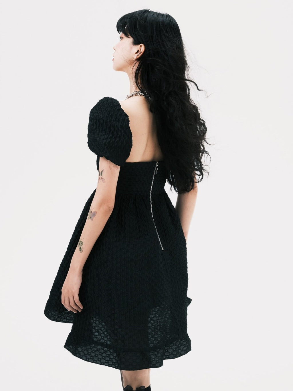 Square Neck Puff Sleeve Jacquard Dress