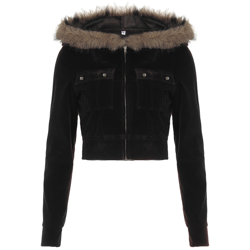 Fur Stitching Hooded Zip Cardigan Pocket Design Jacket Autumn Winter Color Velvet Coat