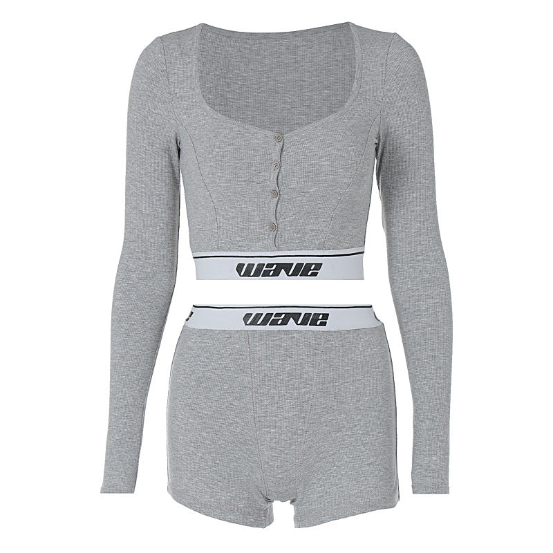 Clothing Tight Long Sleeves Cropped Shirt Top High Waist Shorts Sports Two Piece Seit