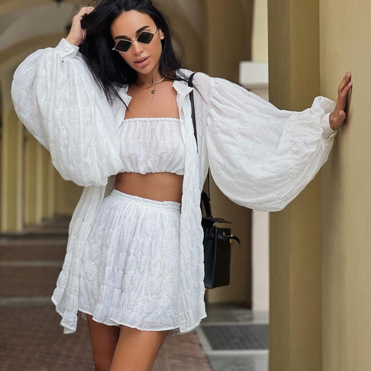 Clothing Summer Long Sleeved White Shirt Loose Outfit Tube Top High Waist Shorts Three Piece Set