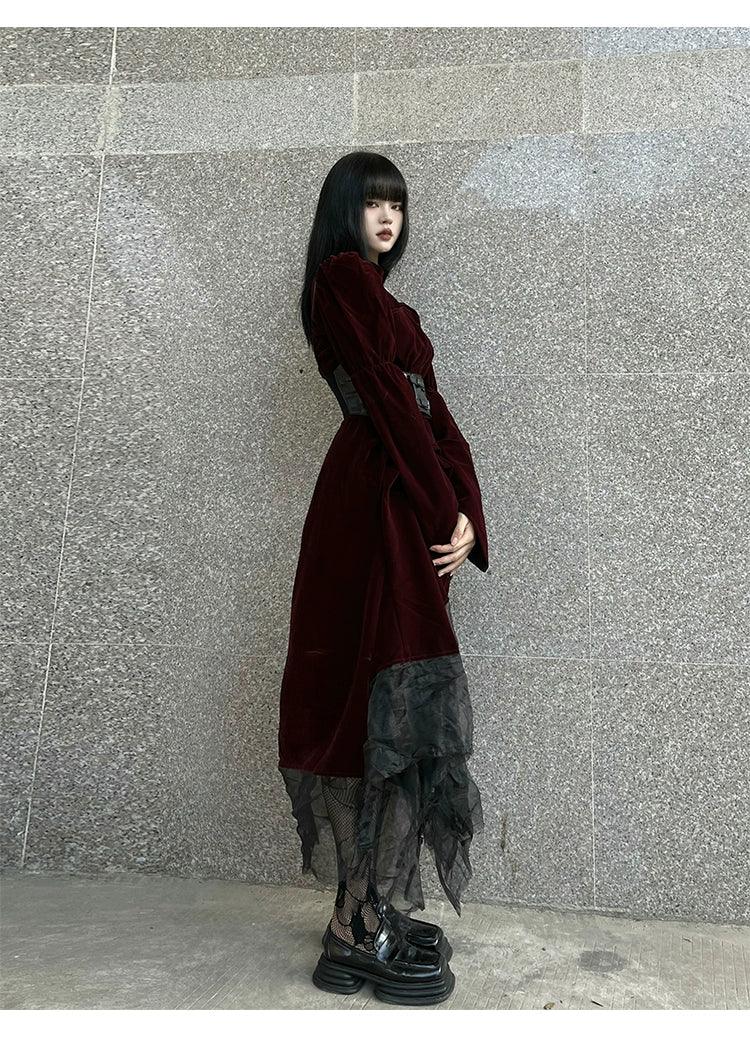 Ladyghost Gothic Victorian Maxi Dress - Burgundy Velvet and Black Mesh Layered Gown With Corset Belt