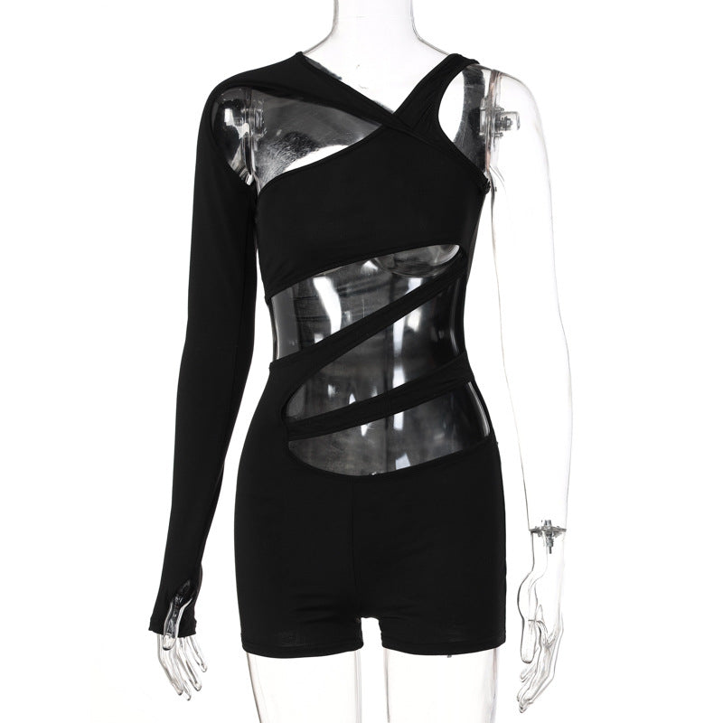 Clothing Summer Color Slim Hollow Out Cutout Shoulder Sleeve Romper