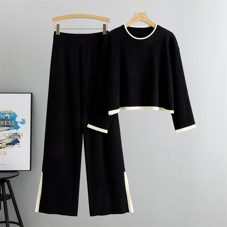 Black - Knitted Sweater Wide-leg Pants Two Piece Set