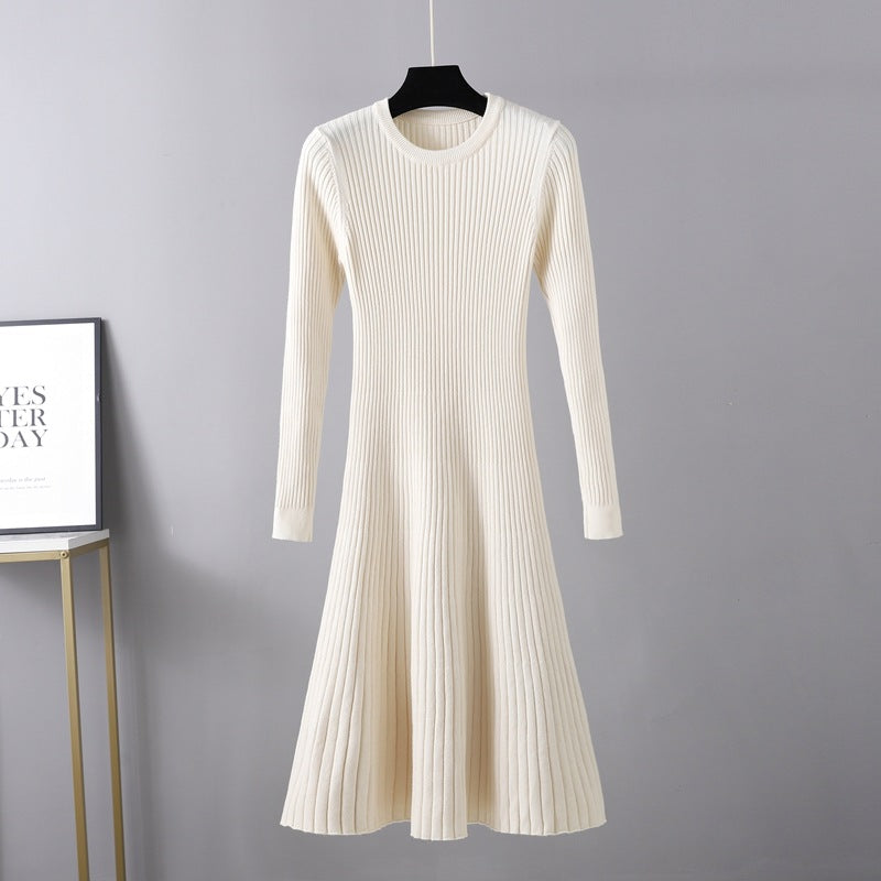 Fall Winter Slim Dress Mid Length Dress Round Neck Color Inner Wear Base Sweater Dress a Line Dress