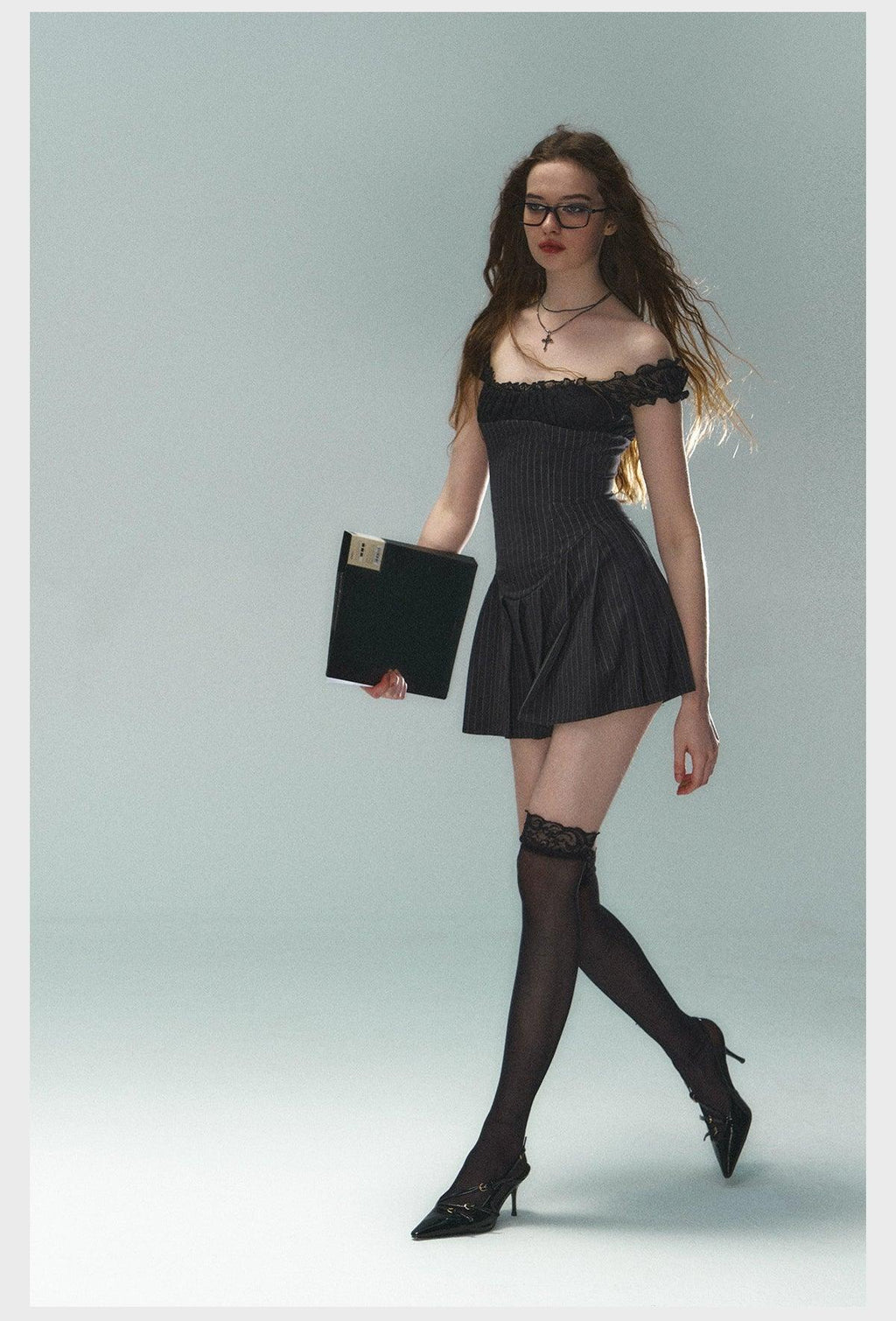 Pinstripe Lace-trim Mini Dress - Cap Sleeve Square Neck Fit and Flare Cocktail Dress