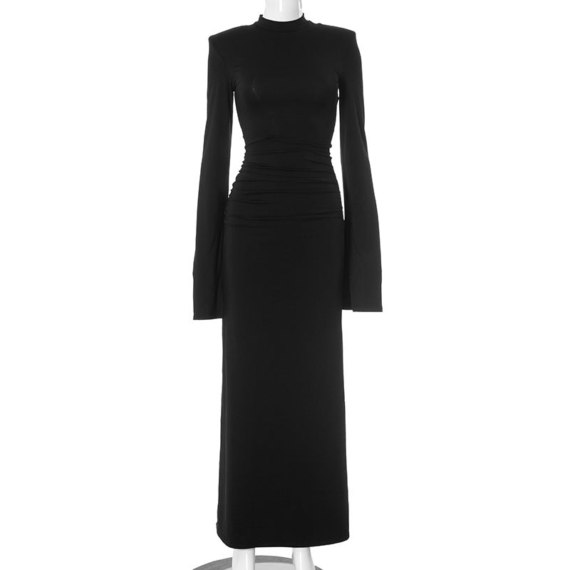 Clothing Slim Fit Color Round Neck Split Cuff Maxi Dress