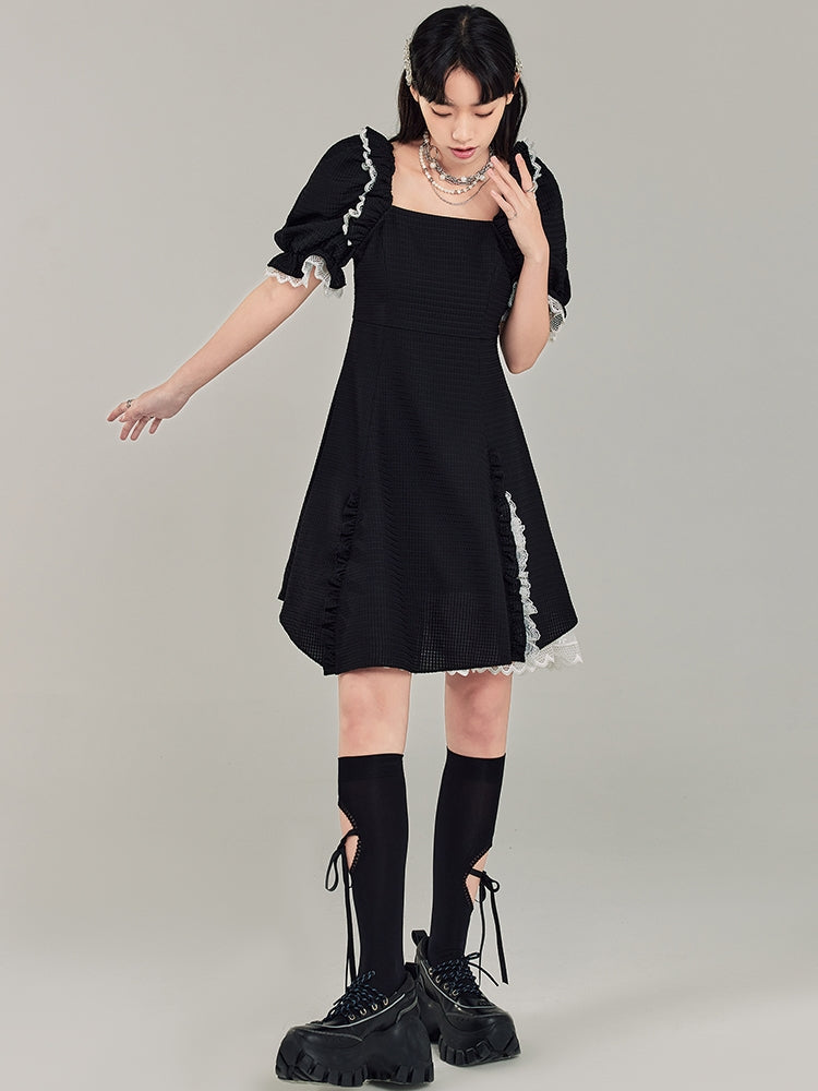 Puff Sleeve Black Square Neck Dress
