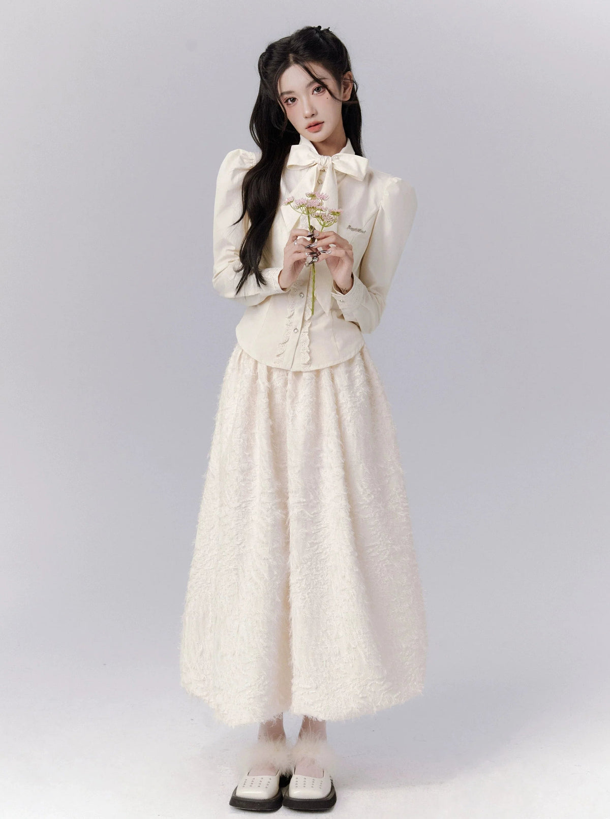 -inspired Cream Puff Sleeve Blouse and Midi Skirt Set