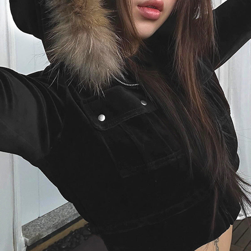 Fur Stitching Hooded Zip Cardigan Pocket Design Jacket Autumn Winter Color Velvet Coat