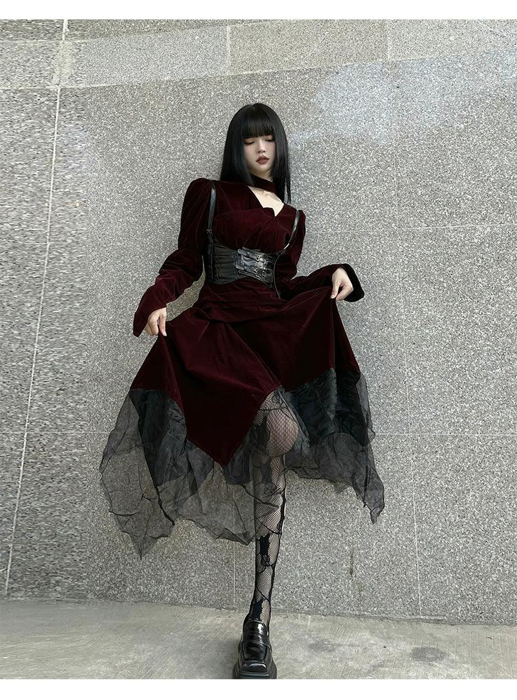 Ladyghost Gothic Victorian Maxi Dress - Burgundy Velvet and Black Mesh Layered Gown With Corset Belt