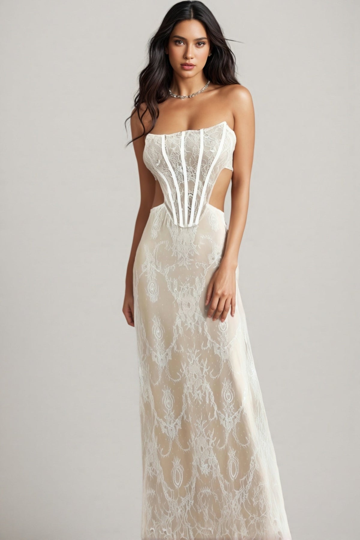 Kaylk Beige Lace Maxi Dress