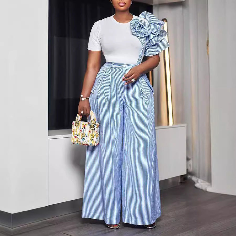 Round Neck Short Sleeve Striped Contrast Color Wide Leg Pants Two Piece Sets