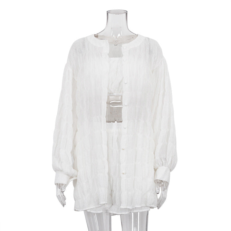 Clothing Summer Long Sleeved White Shirt Loose Outfit Tube Top High Waist Shorts Three Piece Set