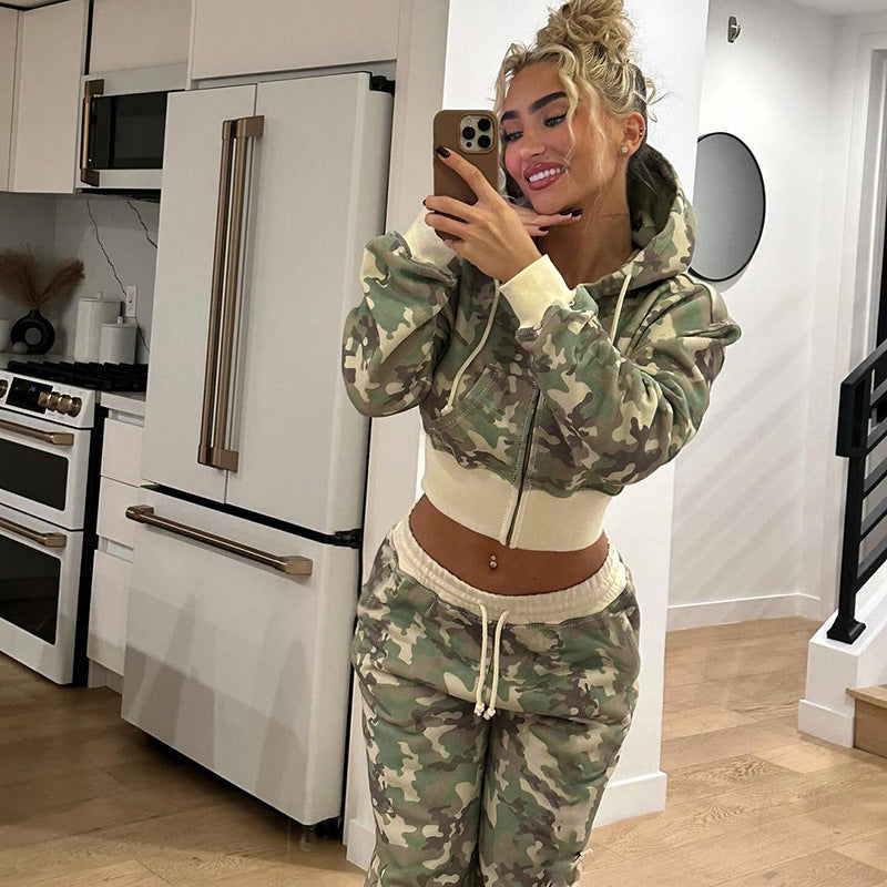 Contrast Color Cinched Hoodie Long Sleeve Sweatshirt Sweatpants Two Piece Camouflage Cardigan Coat Trousers Sets